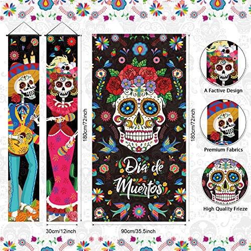 Tiamon 3 Pieces Day of the Dead Porch Sign Mexican Dia De Los Muertos Party Door Decorations Day of the Dead Sugar Skull Door Banner for Halloween Home Bathtub Birthday Fiesta Party 118 x 709 Inches - Image 3