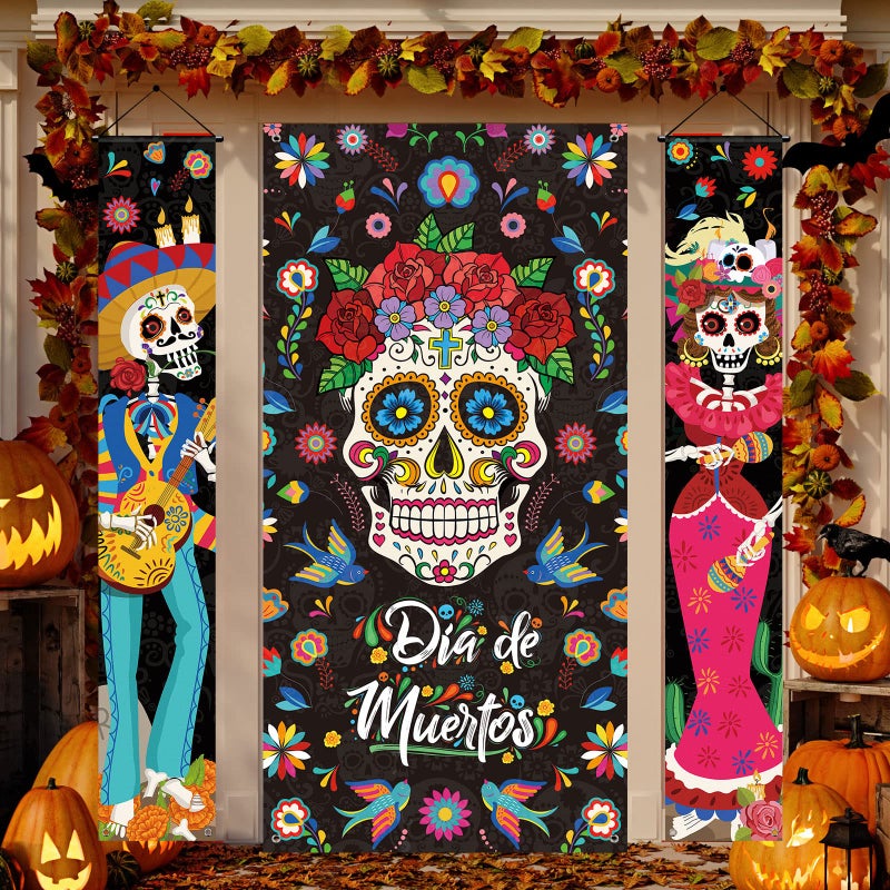 Tiamon 3 Pieces Day of the Dead Porch Sign Mexican Dia De Los Muertos Party Door Decorations Day of the Dead Sugar Skull Door Banner for Halloween Home Bathtub Birthday Fiesta Party 118 x 709 Inches - Image 2