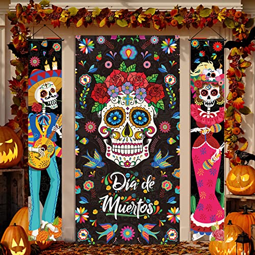Tiamon 3 Pieces Day of the Dead Porch Sign Mexican Dia De Los Muertos Party Door Decorations Day of the Dead Sugar Skull Door Banner for Halloween Home Bathtub Birthday Fiesta Party 118 x 709 Inches - Image 1