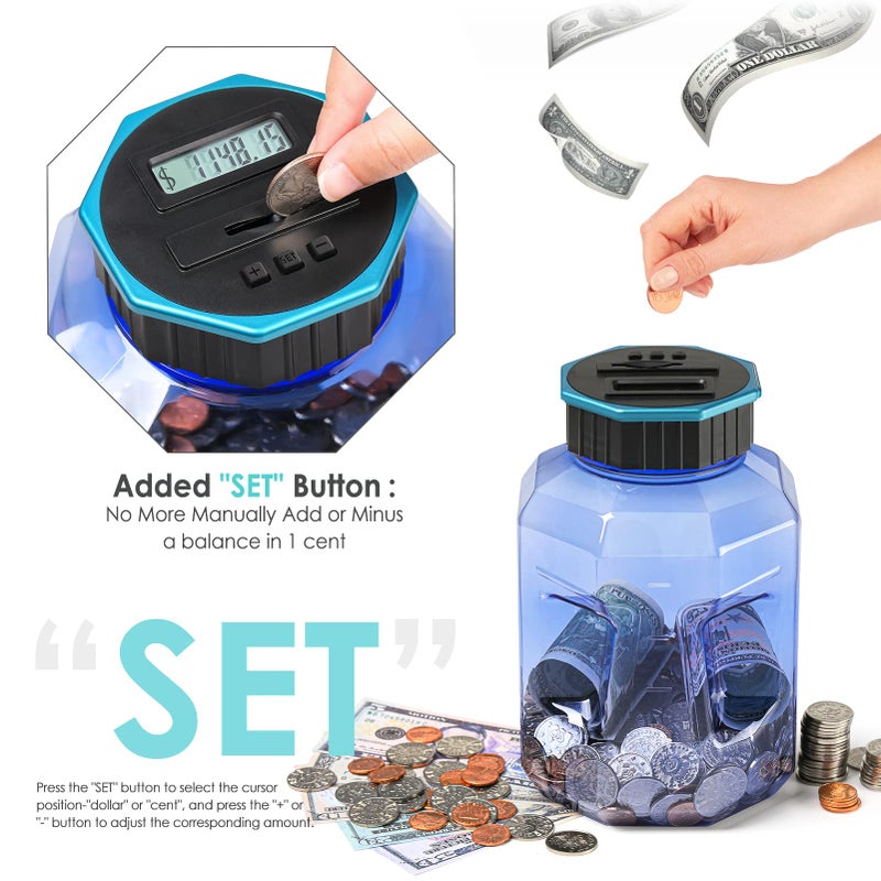 Vcertcpl X-Large Piggy Bank for Adults Kids, Vcertcpl Digital Coin Counting Bank with LCD Counter, 2.4L Capacity, Great Coin Counter Bank Money Counting Jar with Total Amount Displayed (Blue2, X-Large) - Image 5