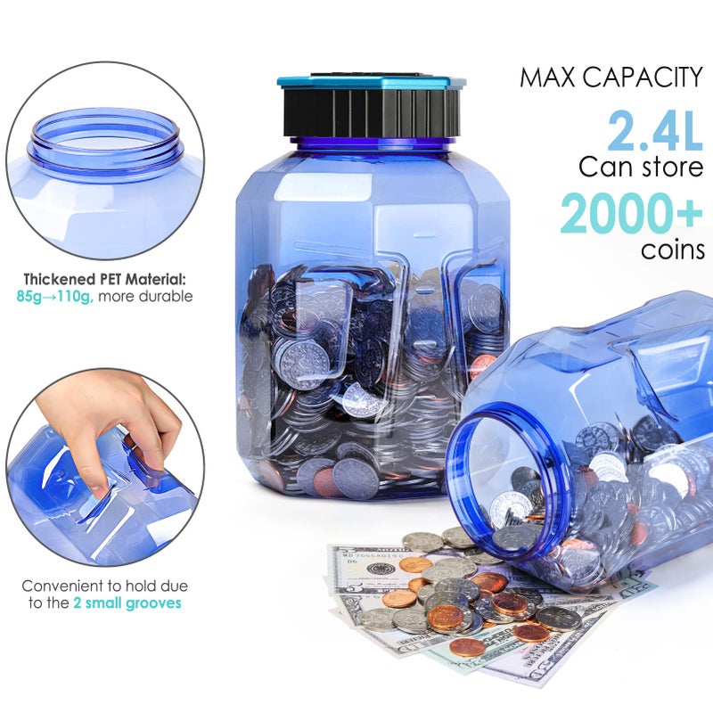Vcertcpl X-Large Piggy Bank for Adults Kids, Vcertcpl Digital Coin Counting Bank with LCD Counter, 2.4L Capacity, Great Coin Counter Bank Money Counting Jar with Total Amount Displayed (Blue2, X-Large) - Image 3