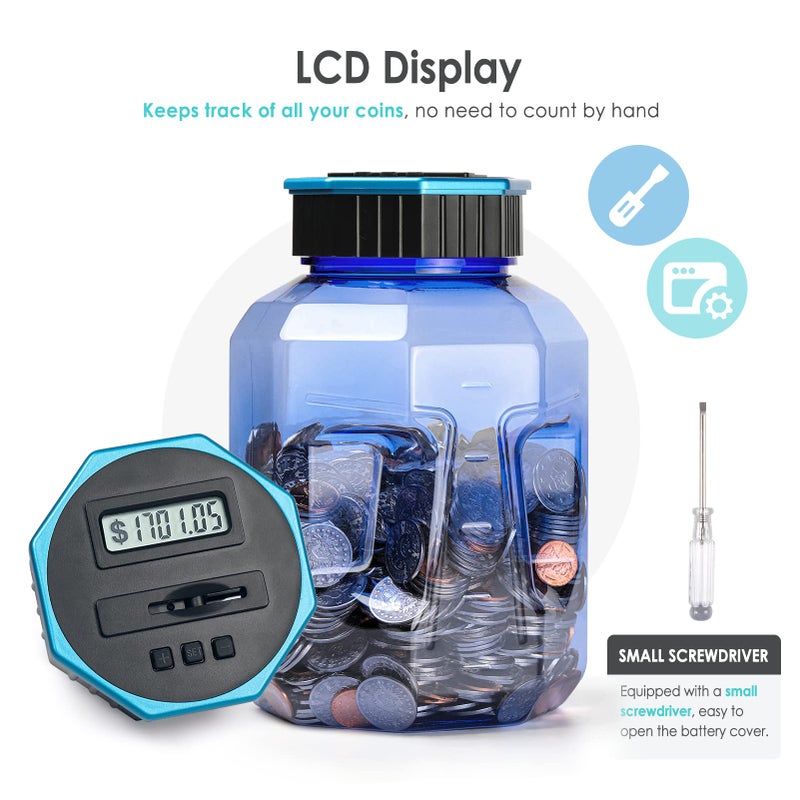 Vcertcpl X-Large Piggy Bank for Adults Kids, Vcertcpl Digital Coin Counting Bank with LCD Counter, 2.4L Capacity, Great Coin Counter Bank Money Counting Jar with Total Amount Displayed (Blue2, X-Large) - Image 4