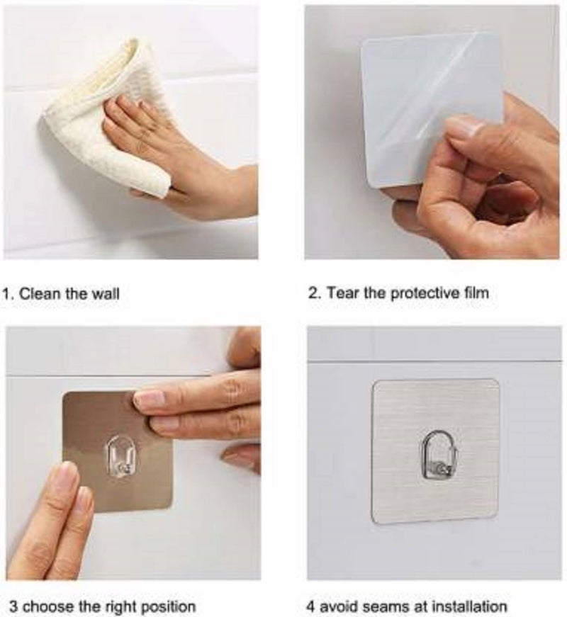 RIANZ Self Adhesive Wall Hooks Heavy Duty 10 Kg (Max) Nail Free Sticky Hangers with Stainless Hook Reusable Utility Towel Bath Ceiling and Kitchen (Pack of 12), Metal - Image 3