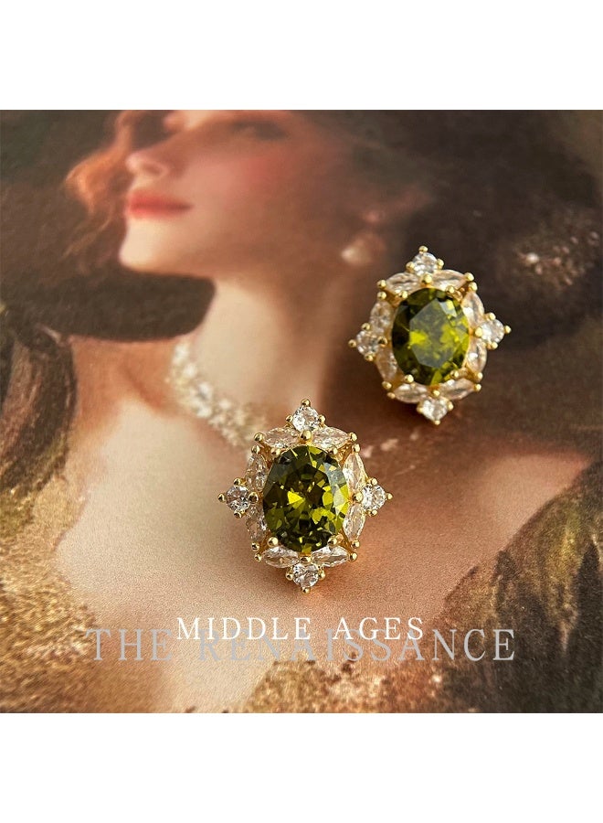 Vintage Olive Green Zirconia Courtly Style Earrings | French Retro Luxury Earrings - Image 1