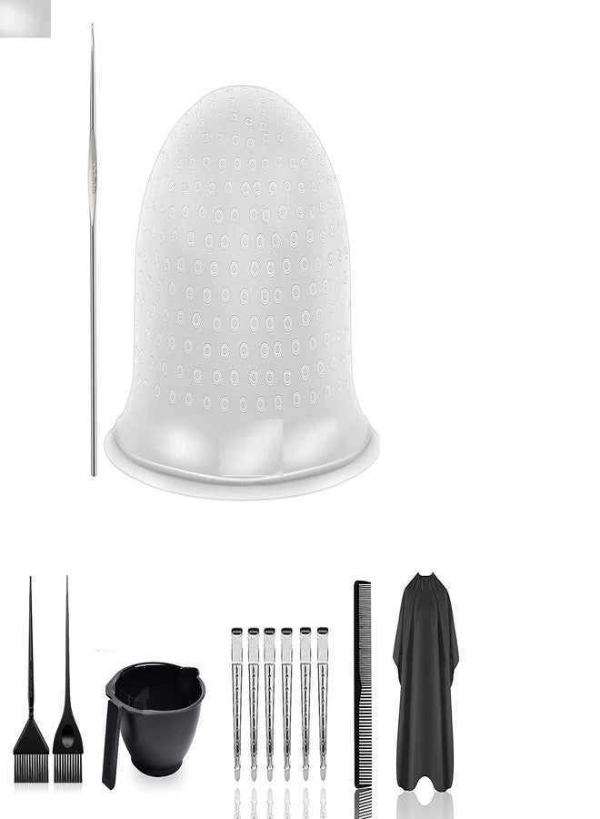 TWIREY Highlight Cap Silicone Hair Dye Cap Reusable Professional Reusable Hair Coloring Highlighting Cap with Hair Coloring Bowel Brush Set, 6 Steel Duck Bills Hair Clip, Black Apron, 1 Barber Comb - Image 1