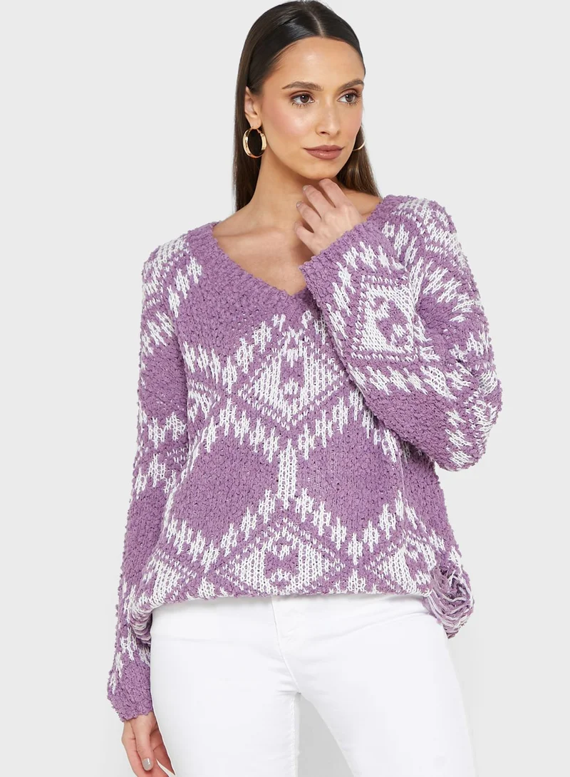 ELLA V-Neck Abstract Print Sweater