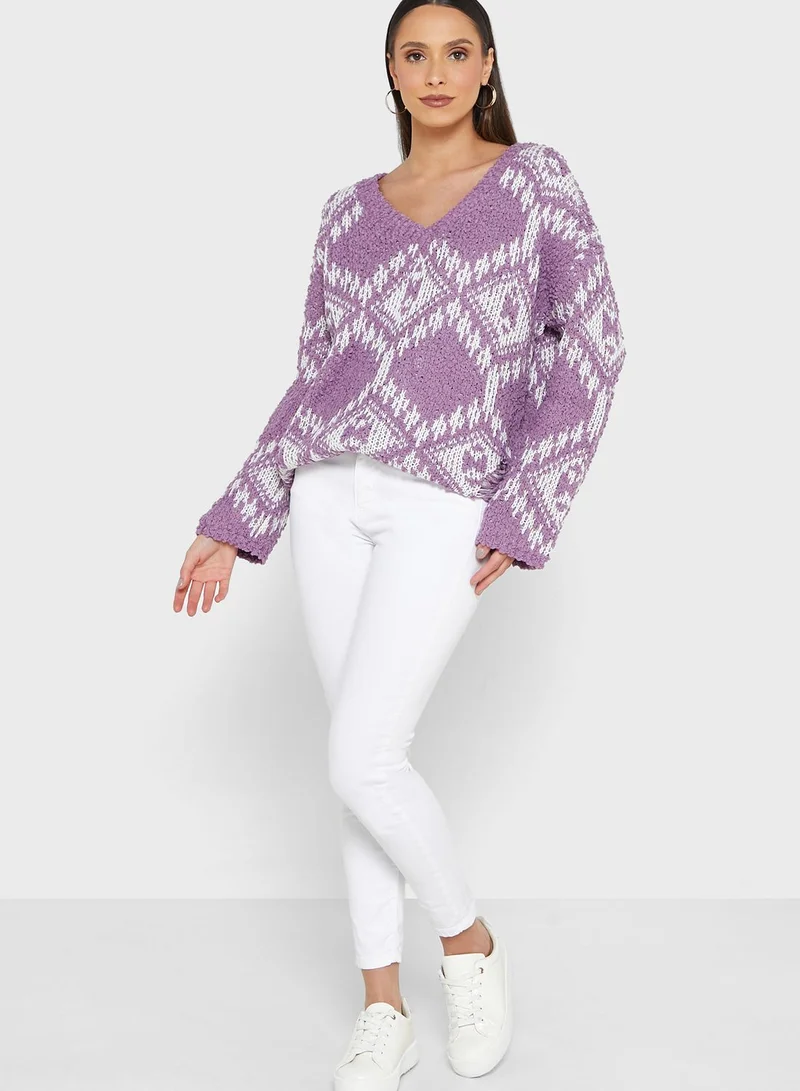ELLA V-Neck Abstract Print Sweater