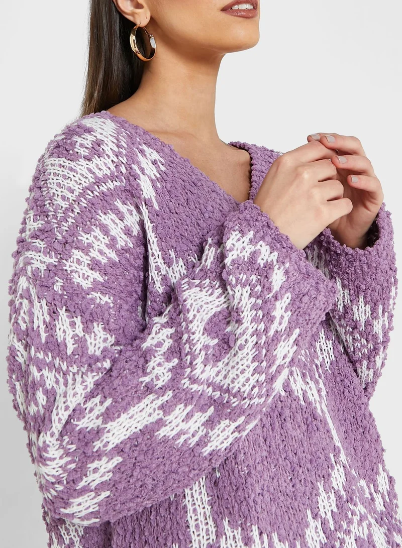 ELLA V-Neck Abstract Print Sweater