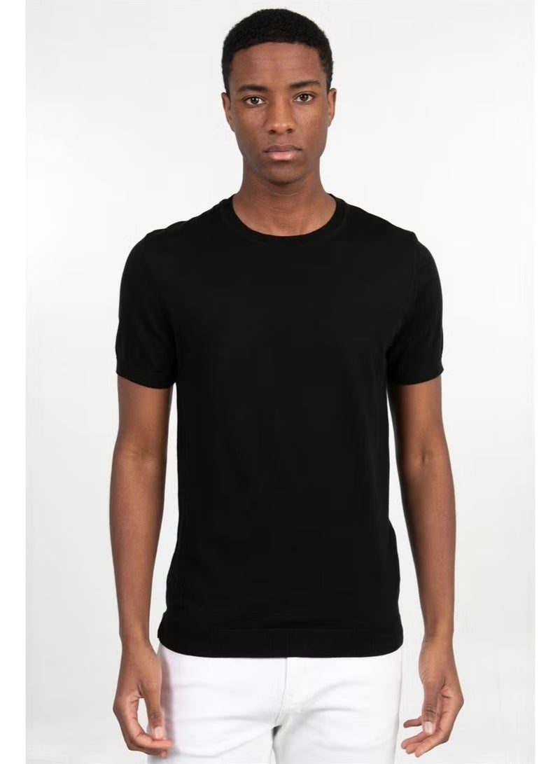 Tudors Men's Slim Fit Narrow Cut Cotton Knitted Knitwear Black Crew Neck T-Shirt - Image 2