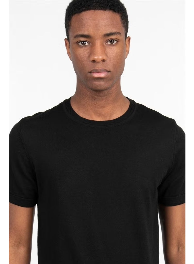 Tudors Men's Slim Fit Narrow Cut Cotton Knitted Knitwear Black Crew Neck T-Shirt - Image 1