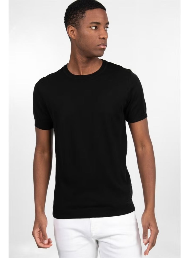 Tudors Men's Slim Fit Narrow Cut Cotton Knitted Knitwear Black Crew Neck T-Shirt - Image 3