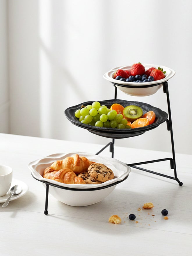 Shallow 3-Tier Porcelain Bowl Set with Stand - Image 3