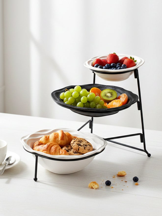 Shallow 3-Tier Porcelain Bowl Set with Stand - Image 4