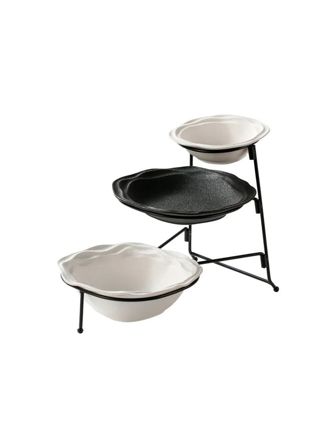 Shallow 3-Tier Porcelain Bowl Set with Stand