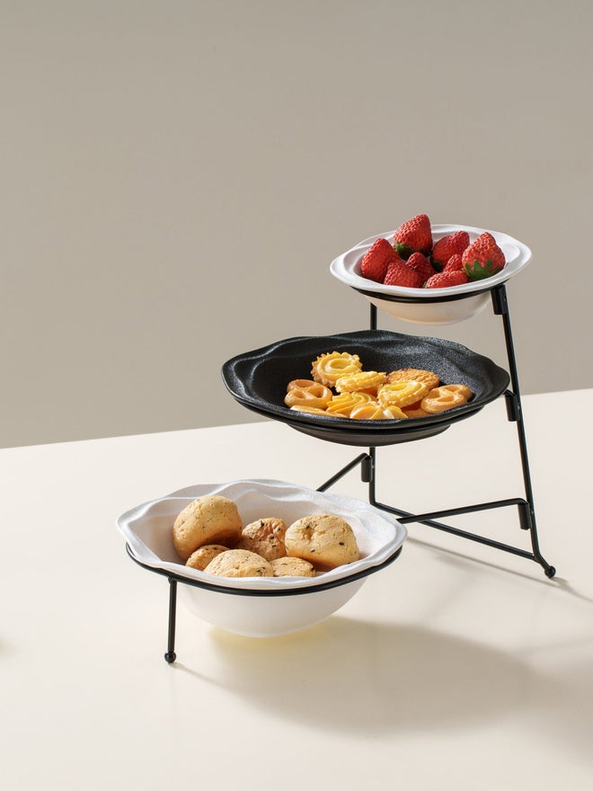 Shallow 3-Tier Porcelain Bowl Set with Stand - Image 2