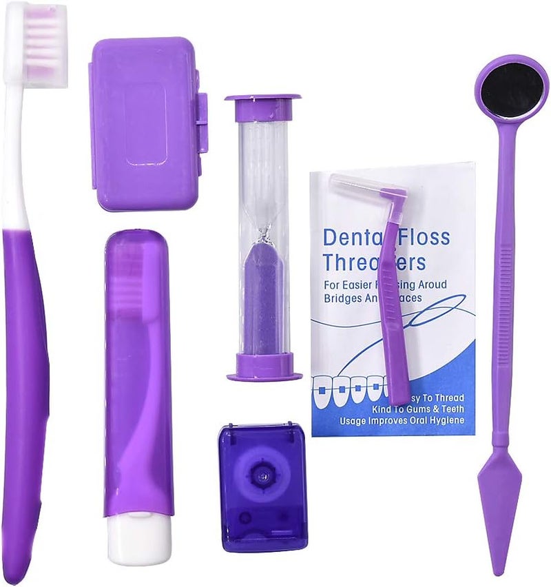 Angzhili Orthodontic Care Kit 8 PCS BoxPacked VToothbrush Waxing Travel Toothbrush Floss Spool Mouth Mirror Gap Brush Floss Threaders for Enhanced Dental Health Purple - Image 1