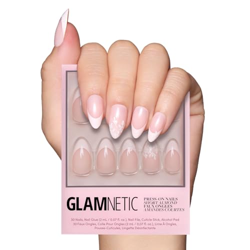 Glamnetic Press On Nails All Time Love Glossy SemiTransparent Short Almond French Tip Nails with Leaf Accents Salon Quality 15 Sizes 30 Nail Kit with Glue