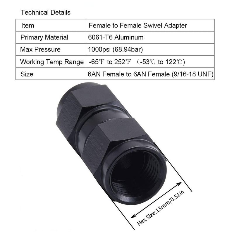 CNRAQR 6AN Female to 6AN Female Straight Swivel Coupler Fitting Adapter 91618UNF Thread Aluminium Anodized Black 2PCS - Image 4