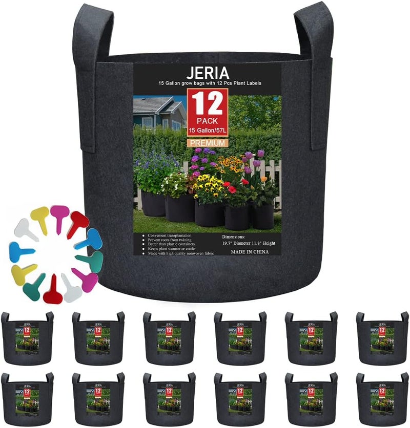 JERIA 12-Pack 15 Gallon, Vegetable/Flower/Plant Grow Bags, Aeration Fabric Pots with Handles (Black), Come with 12 Pcs Plant Labels - Image 1