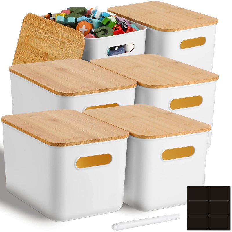 Geosar 6 Pcs Storage Bins with Bamboo Lids Plastic Storage Containers Stackable Box with and Handle with 6 Labels and Marker for Organizing Toys and More 101x7x669 InWhiteClassic