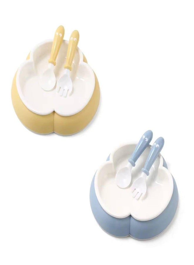 Ess Cubes Enterprise Tableware Baby Feeding Plate with Spoon & Fork Set for BPA Free Elevate Mealtime Essentials 100% Silicon Food Grade PP for Kid and Toddlers Non Toxic Utensil Set (2, Green and Blue Pack of 2) - Image 1