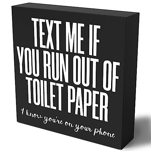 Woght Funny Bathroom Wooden Box Sign Plaque Text Me If You Run Out of Toilet Paper Wood Box Sign Rustic Art Home Shelf Desk Decor 5 x 5 x 1 Inches - Image 1