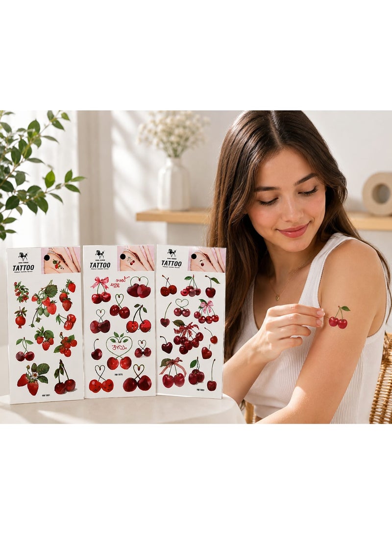 Fruit and cherry tattoo set – 3 sheets - Image 1