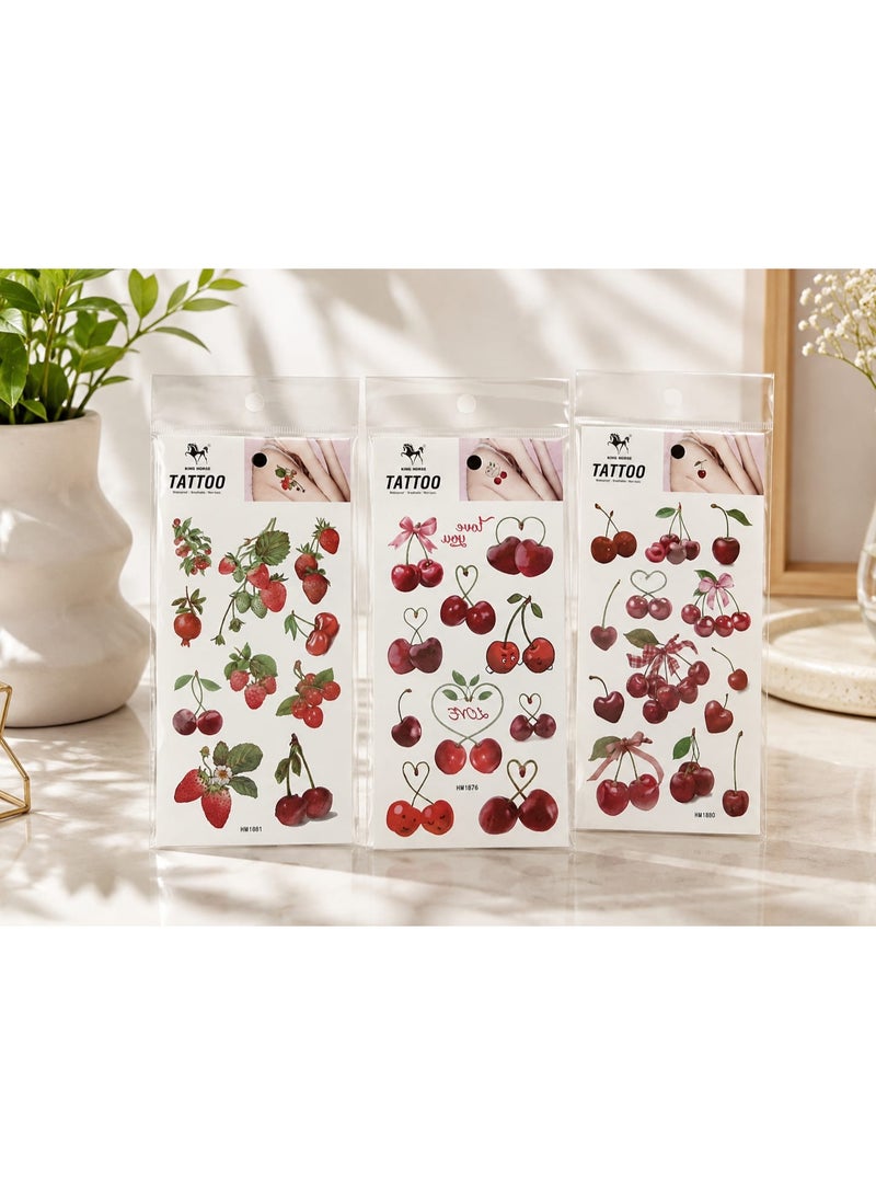 Fruit and cherry tattoo set – 3 sheets - Image 2