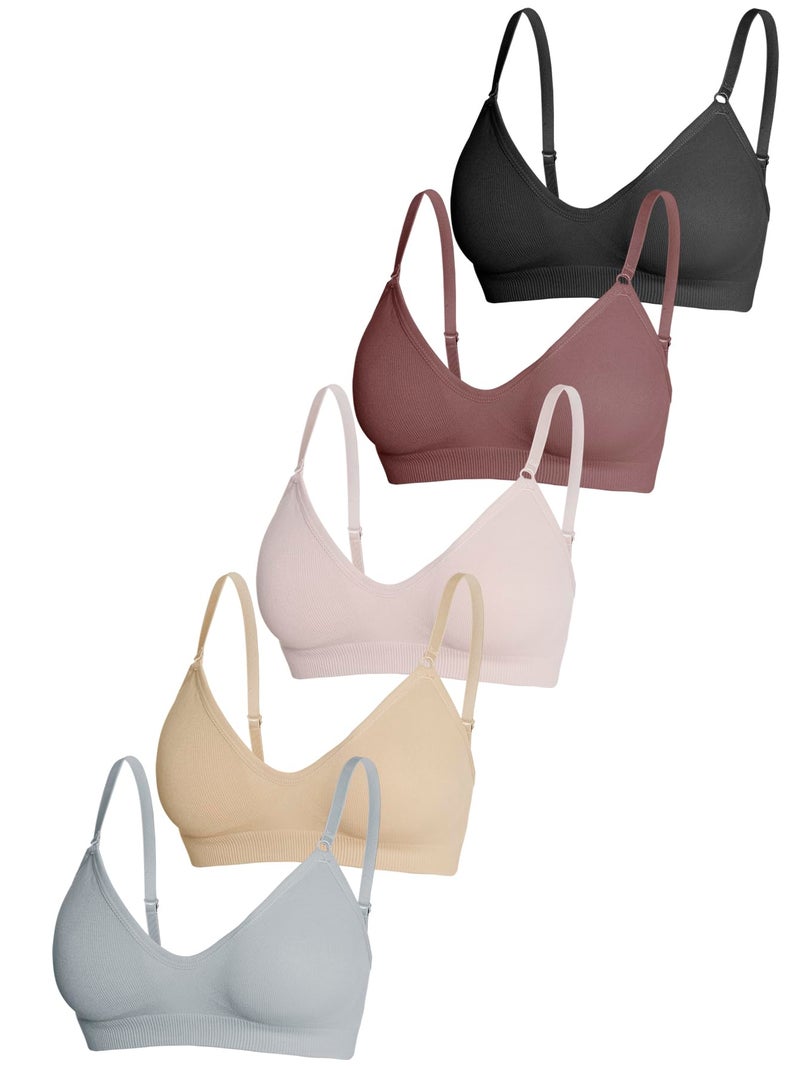 OYOANGLE Women's 5 Pieces Rib Knit Spaghetti Strap V Neck Wireless Bra Set Seamless Solid Plain No Padded Bralette Multicolor - Image 4