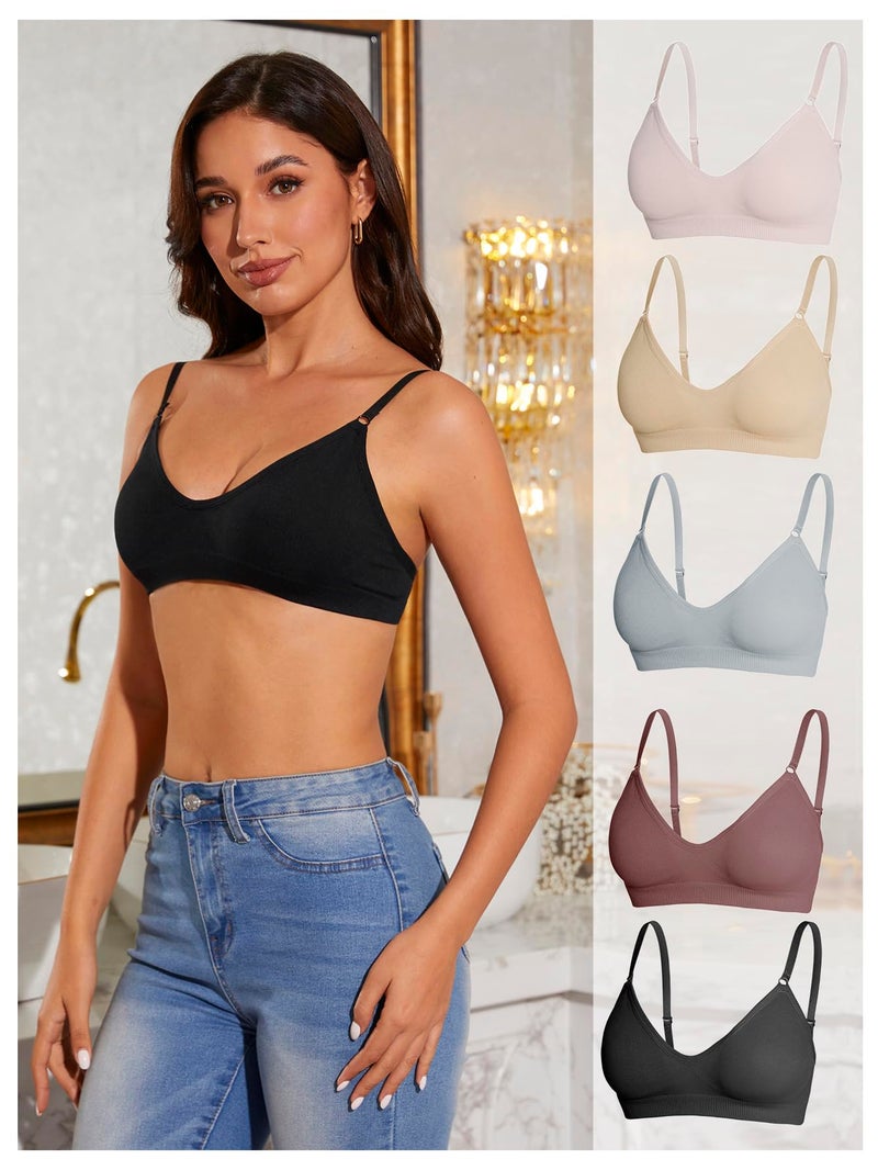 OYOANGLE Women's 5 Pieces Rib Knit Spaghetti Strap V Neck Wireless Bra Set Seamless Solid Plain No Padded Bralette Multicolor - Image 3