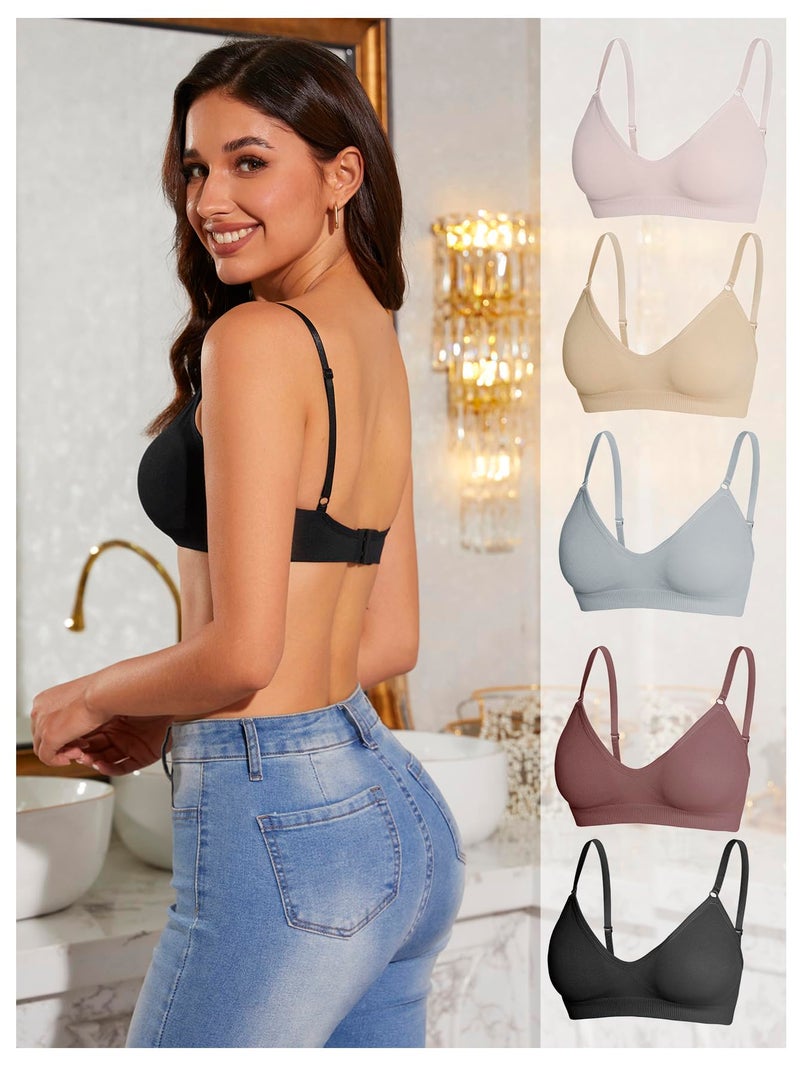 OYOANGLE Women's 5 Pieces Rib Knit Spaghetti Strap V Neck Wireless Bra Set Seamless Solid Plain No Padded Bralette Multicolor - Image 2