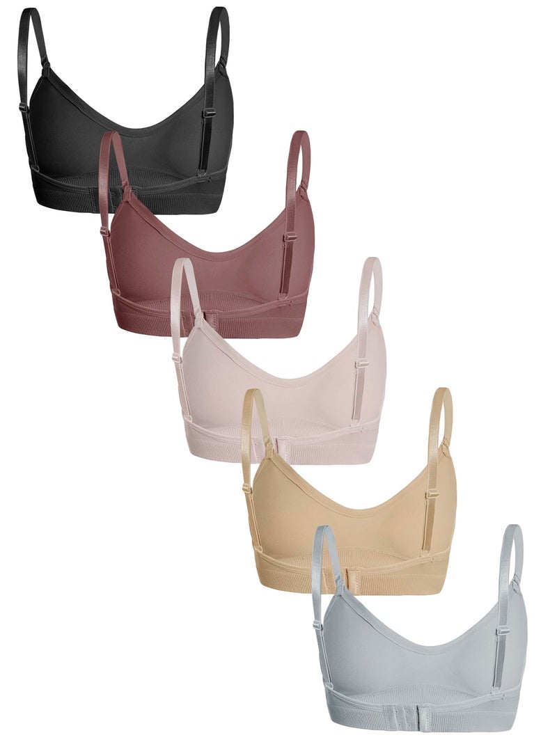 OYOANGLE Women's 5 Pieces Rib Knit Spaghetti Strap V Neck Wireless Bra Set Seamless Solid Plain No Padded Bralette Multicolor - Image 5
