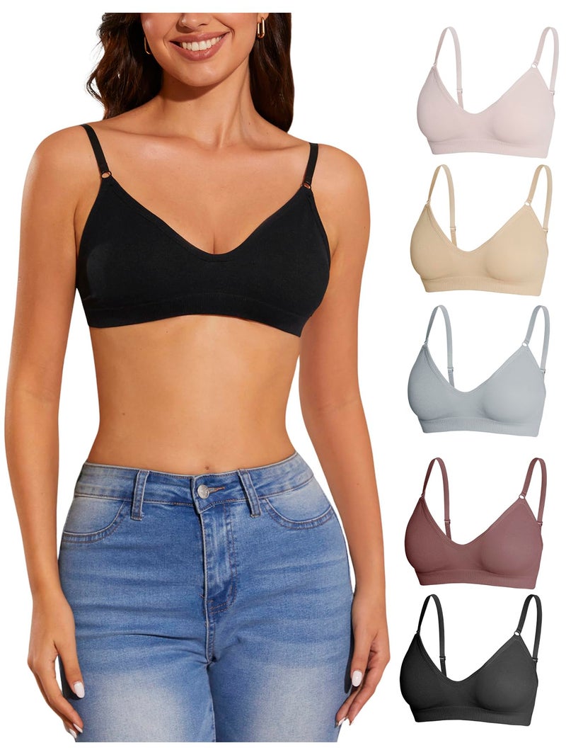 OYOANGLE Women's 5 Pieces Rib Knit Spaghetti Strap V Neck Wireless Bra Set Seamless Solid Plain No Padded Bralette Multicolor - Image 1