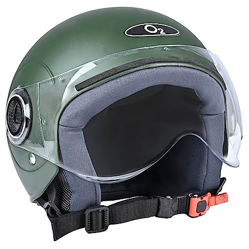 O2 Open Face / Half face Helmet Unisex for Bike Women Men ISI Certified with Clear Visor Smooth Finish Lightweight & Compact (Matt Green, 580mm Medium) - Image 1