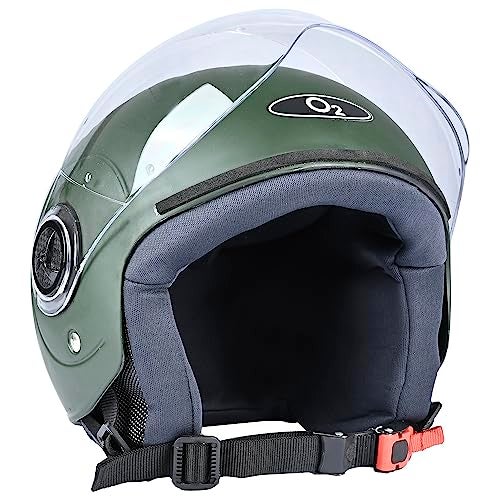 O2 Open Face / Half face Helmet Unisex for Bike Women Men ISI Certified with Clear Visor Smooth Finish Lightweight & Compact (Matt Green, 580mm Medium) - Image 2