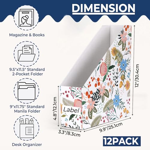 EXYGLO 12 Pack Magazine File Holder Cardboard Magazine Rack with Label Foldable Storage Organizer Box for Book Documents Floral Design 99x33x12 Inches - Image 3