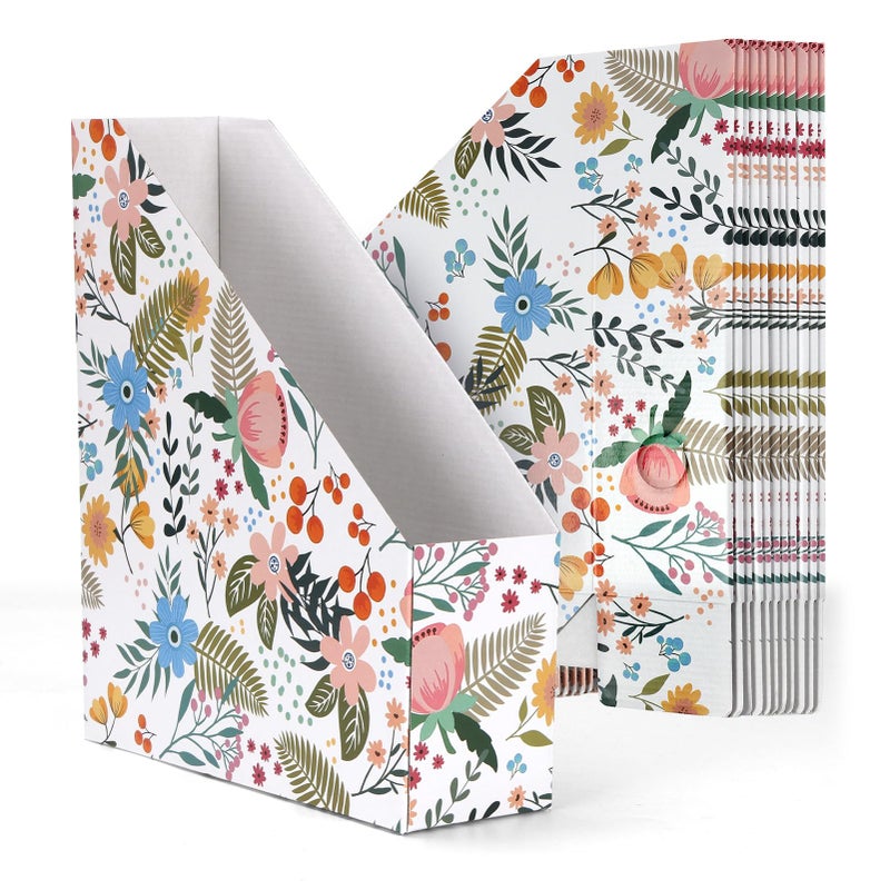 EXYGLO 12 Pack Magazine File Holder Cardboard Magazine Rack with Label Foldable Storage Organizer Box for Book Documents Floral Design 99x33x12 Inches - Image 2