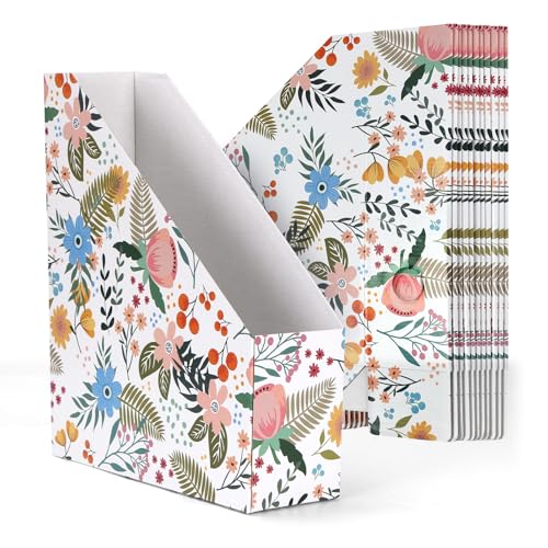 EXYGLO 12 Pack Magazine File Holder Cardboard Magazine Rack with Label Foldable Storage Organizer Box for Book Documents Floral Design 99x33x12 Inches - Image 1