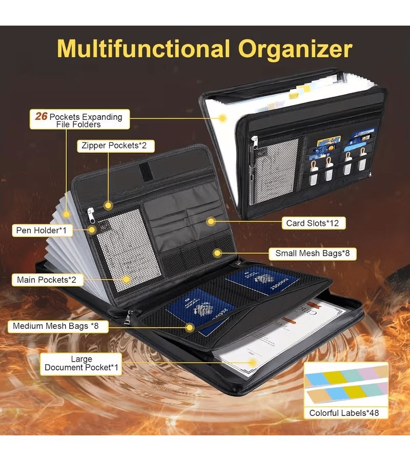 Upgrade Black Fireproof Document Bag With Multilayer Accordion Compartments Anti Theft Zipper Design Essential Secure Storage for Business Travel Important Documents And Tickets - Image 5