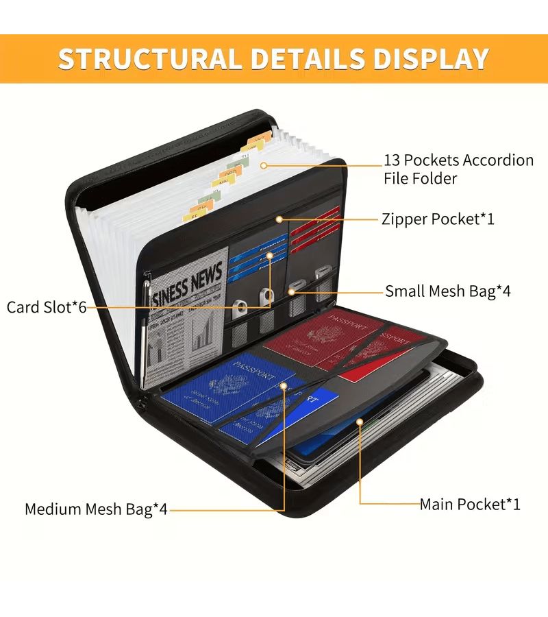 Upgrade Black Fireproof Document Bag With Multilayer Accordion Compartments Anti Theft Zipper Design Essential Secure Storage for Business Travel Important Documents And Tickets - Image 4