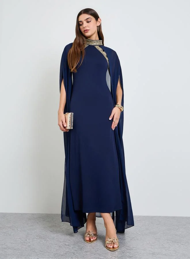 Take Two Dark Blue Maxi Dress With Cape Sleeves