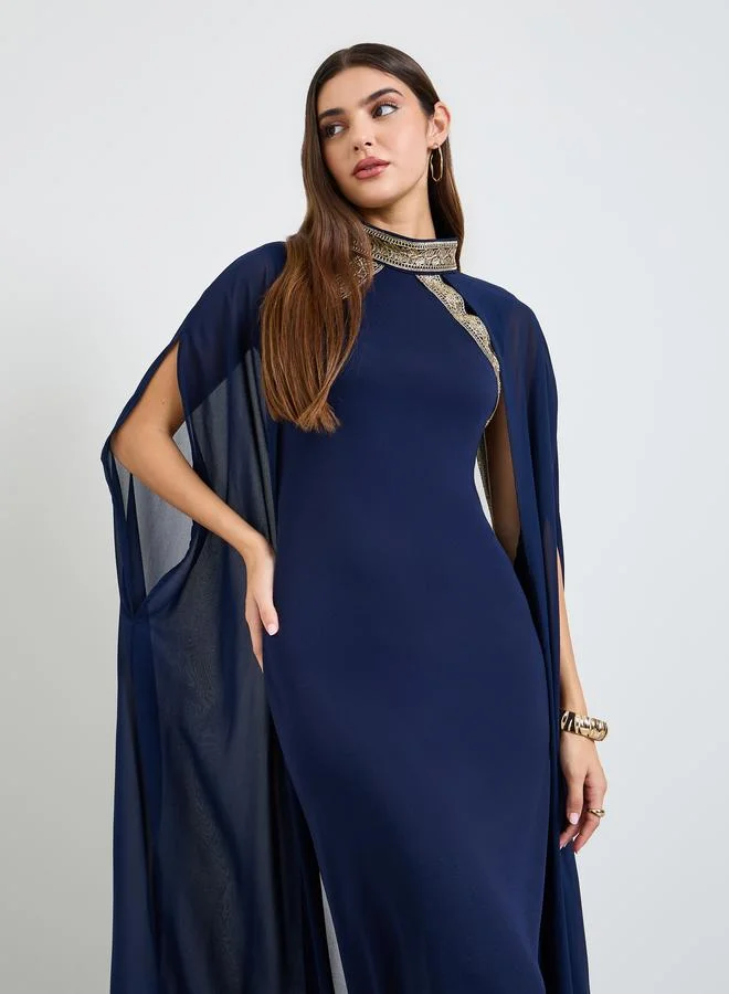 Take Two Dark Blue Maxi Dress With Cape Sleeves