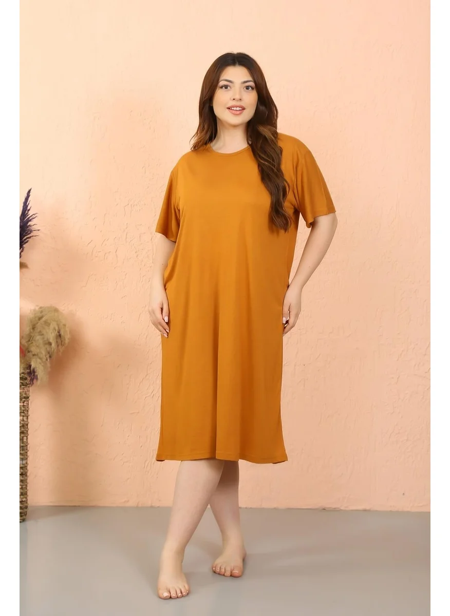 اكبينيز Women's Plus Size Combed Cotton Short Sleeve Mustard Nightgown 12502