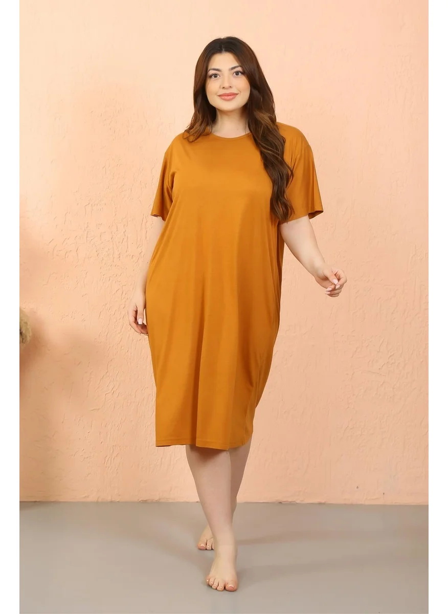 Akbeniz Women's Plus Size Combed Cotton Short Sleeve Mustard Nightgown 12502