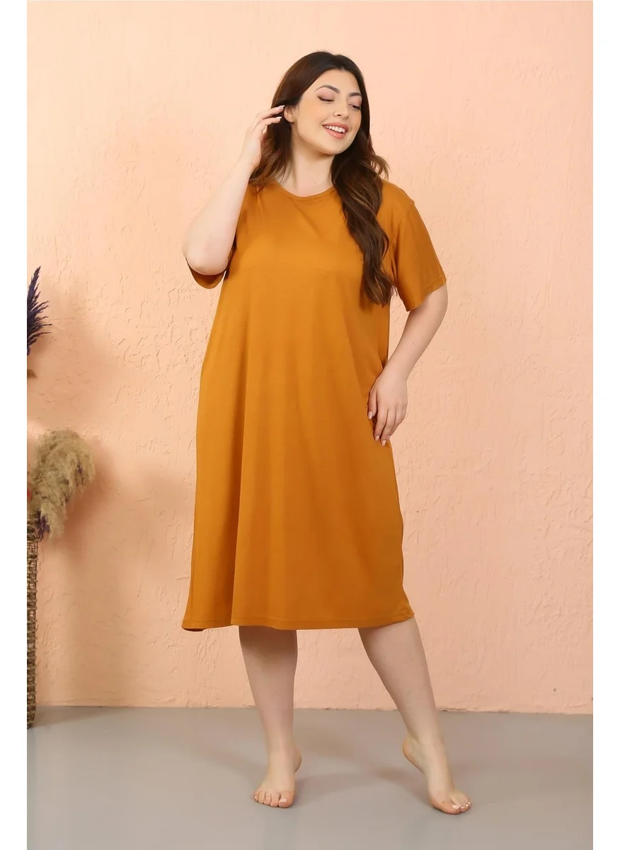 Akbeniz Women's Plus Size Combed Cotton Short Sleeve Mustard Nightgown 12502