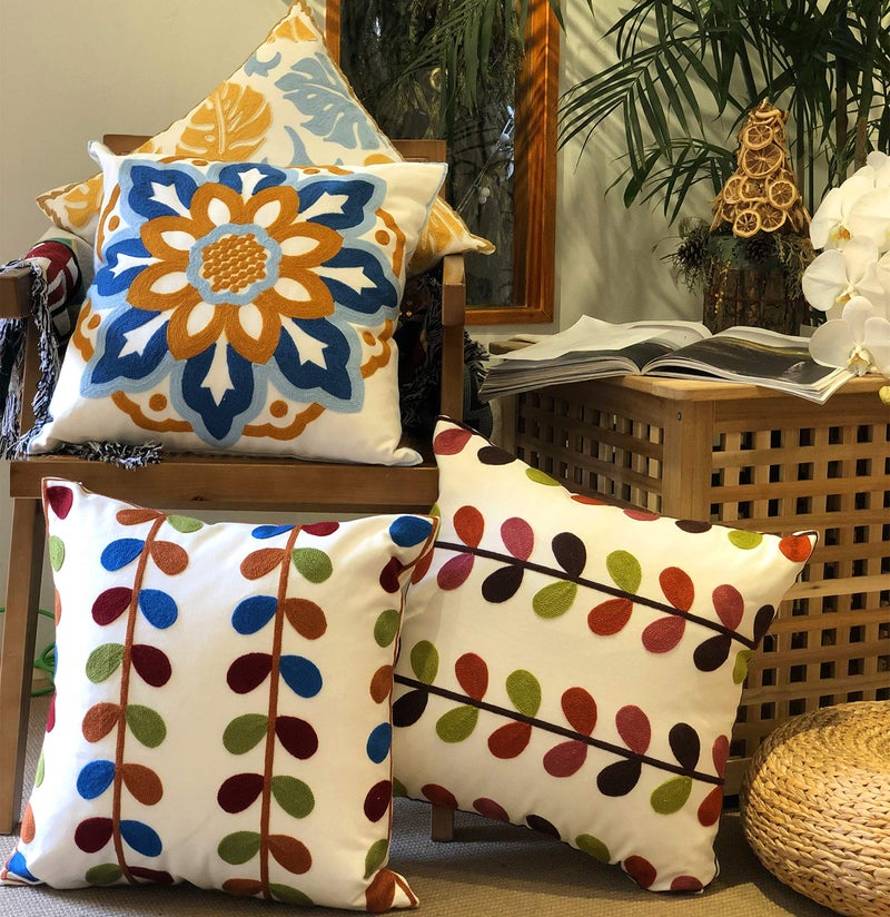 KITTMIN Boho Embroidery Cushion Covers 18x18 Set of 2- Floral Cotton Throw Pillow Covers for Farmhouse Decor, Decorative Outdoor Throw Pillows for Couch Sofa Livingroom Yellow & Orange - Image 3