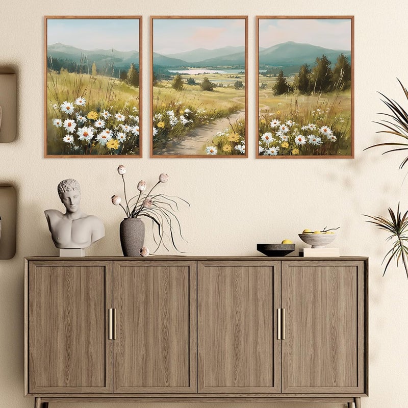 KAIRNE Field Canvas Wall Art,Vintage Landscape Wall Decor,Wildflower Prints Set of 3(16â€X24â€),Nature Botanical Floral Posters,Rustic Paintings for Kitchen Living Room Bedroom Farmhouse Decor,Framed - Image 3