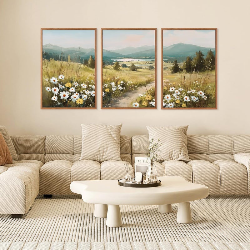 KAIRNE Field Canvas Wall Art,Vintage Landscape Wall Decor,Wildflower Prints Set of 3(16â€X24â€),Nature Botanical Floral Posters,Rustic Paintings for Kitchen Living Room Bedroom Farmhouse Decor,Framed - Image 4