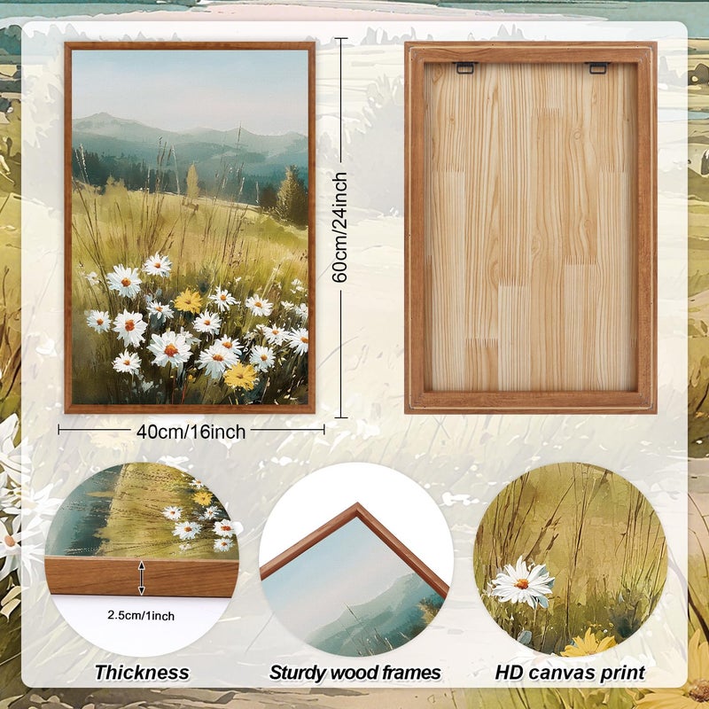 KAIRNE Field Canvas Wall Art,Vintage Landscape Wall Decor,Wildflower Prints Set of 3(16â€X24â€),Nature Botanical Floral Posters,Rustic Paintings for Kitchen Living Room Bedroom Farmhouse Decor,Framed - Image 2