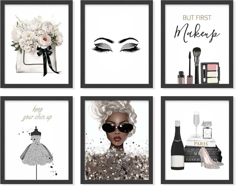 97 Decor Glam Grey Fashion Wall Decor - 6 Pcs Makeup Posters, Silver And Black Glam Wall Art for Women Makeup Room, Silver High Heel Prints, Silver Bedroom Decor for Girls (8x10 UNFRAMED) - Image 1